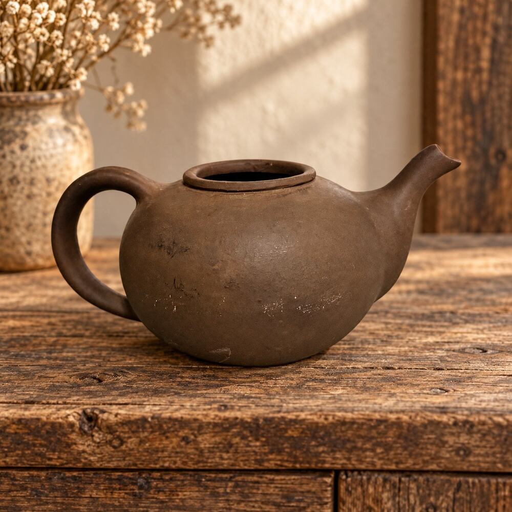 Vintage Primitive Brown Unglazed Clay Teapot Folk Art Pottery 8”
